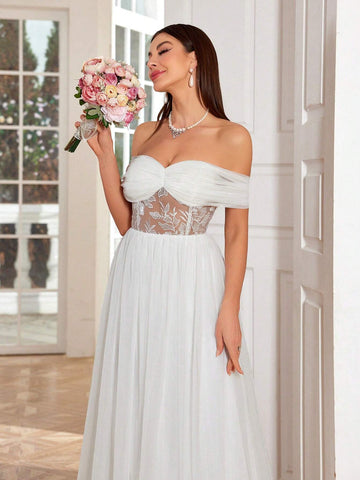 Mgiacy Elegant Off-Shoulder Ruffled Embroidered Lace Sheer Splicing Chiffon Bridal Shower Dress