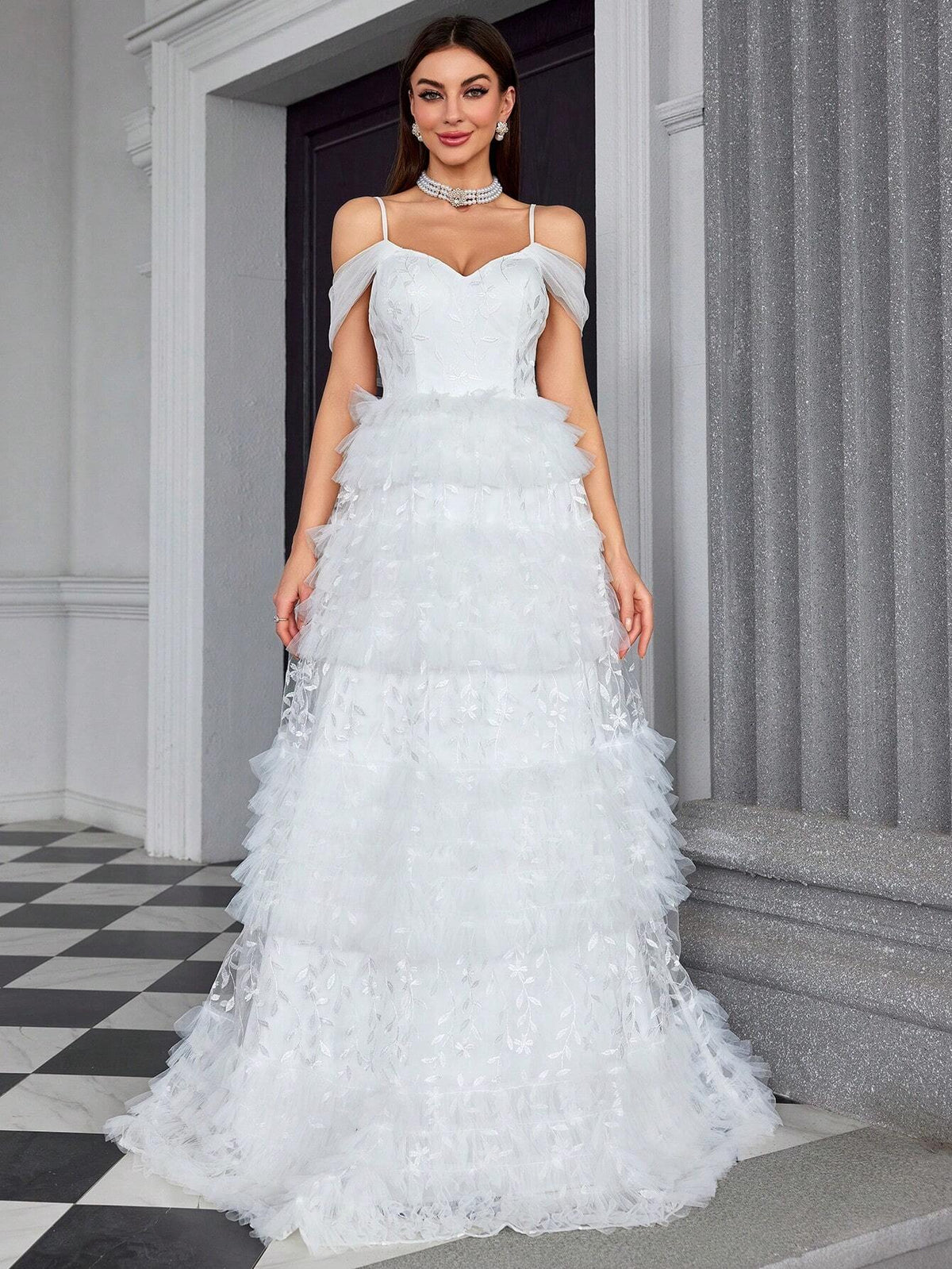 Mgiacy Embroidered Lace Multi-Layered Tulle Cake Netting Halter-Neck Bridal Shower Dress