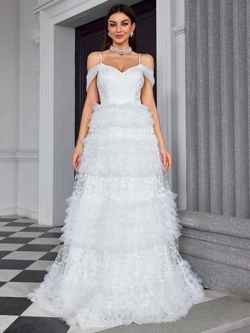 Mgiacy Embroidered Lace Multi-Layered Tulle Cake Netting Halter-Neck Bridal Shower Dress