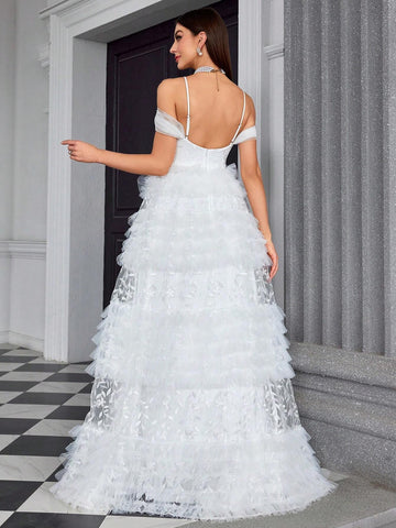 Mgiacy Embroidered Lace Multi-Layered Tulle Cake Netting Halter-Neck Bridal Shower Dress