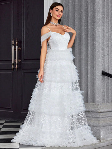 Mgiacy Embroidered Lace Multi-Layered Tulle Cake Netting Halter-Neck Bridal Shower Dress