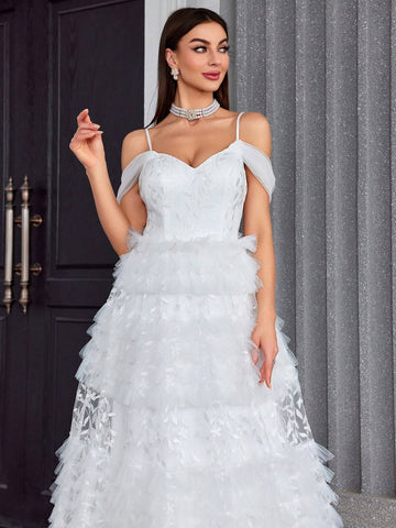 Mgiacy Embroidered Lace Multi-Layered Tulle Cake Netting Halter-Neck Bridal Shower Dress