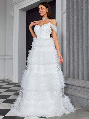 Mgiacy Embroidered Lace Multi-Layered Tulle Cake Netting Halter-Neck Bridal Shower Dress