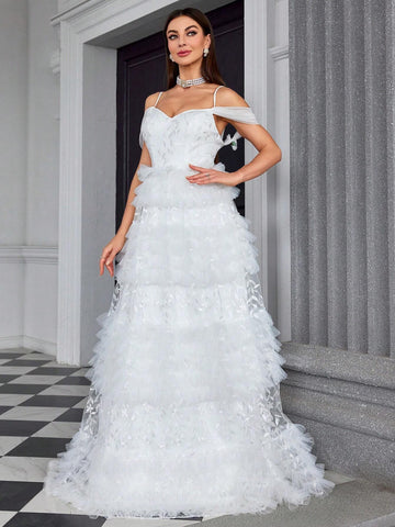 Mgiacy Embroidered Lace Multi-Layered Tulle Cake Netting Halter-Neck Bridal Shower Dress