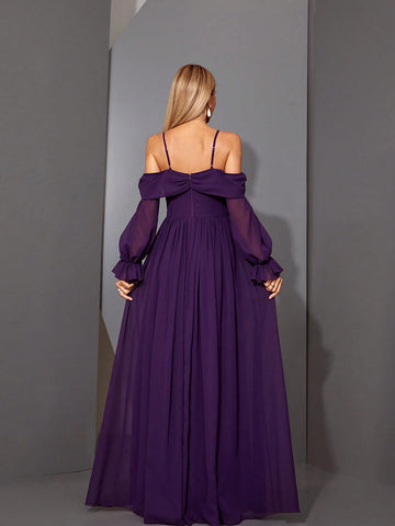 Mgiacy Off-Shoulder Pearl Chiffon Lantern Sleeve High-End Evening Dress