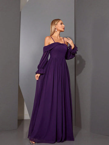 Mgiacy Off-Shoulder Pearl Chiffon Lantern Sleeve High-End Evening Dress