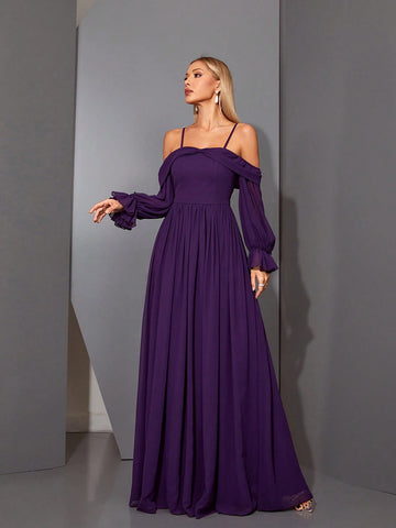 Mgiacy Off-Shoulder Pearl Chiffon Lantern Sleeve High-End Evening Dress