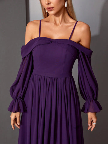 Mgiacy Off-Shoulder Pearl Chiffon Lantern Sleeve High-End Evening Dress