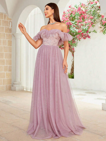 Mgiacy Off-Shoulder Romantic Floral Embroidery Mesh Splice Maxi Skirt With Ruffled Sleeves