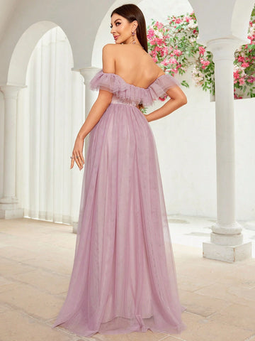 Mgiacy Off-Shoulder Romantic Floral Embroidery Mesh Splice Maxi Skirt With Ruffled Sleeves