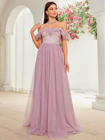 Mgiacy Off-Shoulder Romantic Floral Embroidery Mesh Splice Maxi Skirt With Ruffled Sleeves