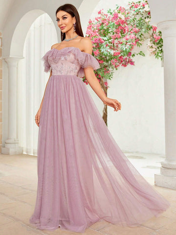 Mgiacy Off-Shoulder Romantic Floral Embroidery Mesh Splice Maxi Skirt With Ruffled Sleeves