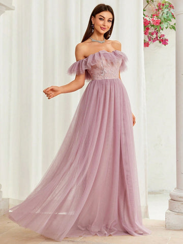 Mgiacy Off-Shoulder Romantic Floral Embroidery Mesh Splice Maxi Skirt With Ruffled Sleeves