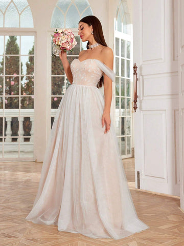 Mgiacy One Shoulder Embroidered Mesh Gauze Color Block Bridal Shower Dress With Flare Hem