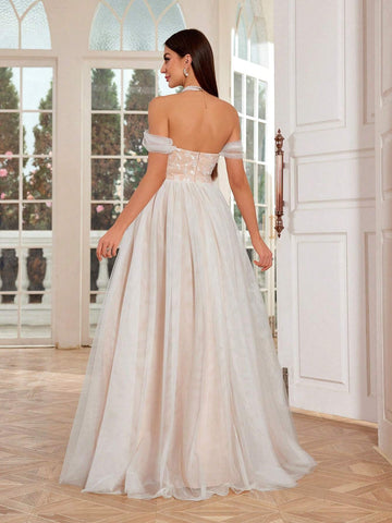 Mgiacy One Shoulder Embroidered Mesh Gauze Color Block Bridal Shower Dress With Flare Hem