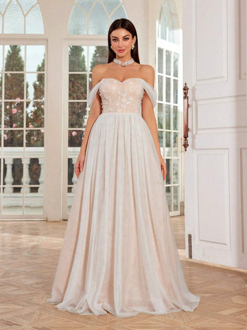 Mgiacy One Shoulder Embroidered Mesh Gauze Color Block Bridal Shower Dress With Flare Hem