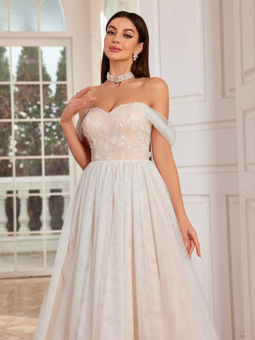 Mgiacy One Shoulder Embroidered Mesh Gauze Color Block Bridal Shower Dress With Flare Hem