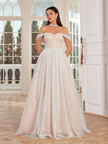 Mgiacy One Shoulder Embroidered Mesh Gauze Color Block Bridal Shower Dress With Flare Hem