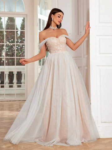 Mgiacy One Shoulder Embroidered Mesh Gauze Color Block Bridal Shower Dress With Flare Hem