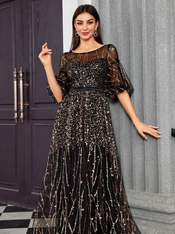 Mgiacy Round Neck Half-See-Through Glitter Puff Sleeve Maxi Dress