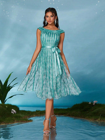 Mgiacy Round Neck Printed Mesh High-Low Drawstring Hem Formal Dress