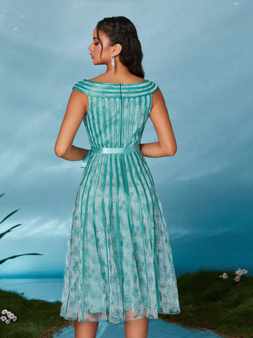 Mgiacy Round Neck Printed Mesh High-Low Drawstring Hem Formal Dress