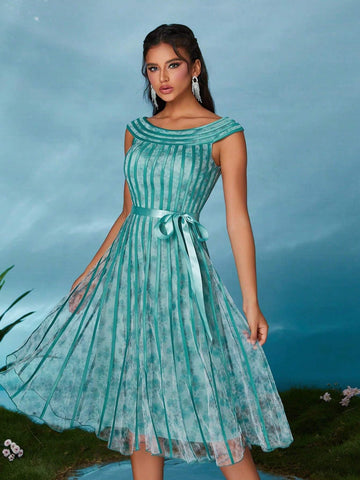 Mgiacy Round Neck Printed Mesh High-Low Drawstring Hem Formal Dress