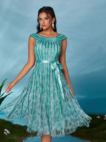 Mgiacy Round Neck Printed Mesh High-Low Drawstring Hem Formal Dress