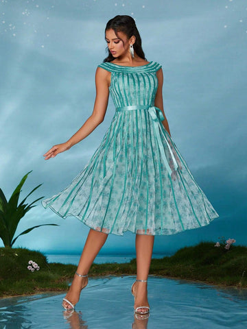 Mgiacy Round Neck Printed Mesh High-Low Drawstring Hem Formal Dress