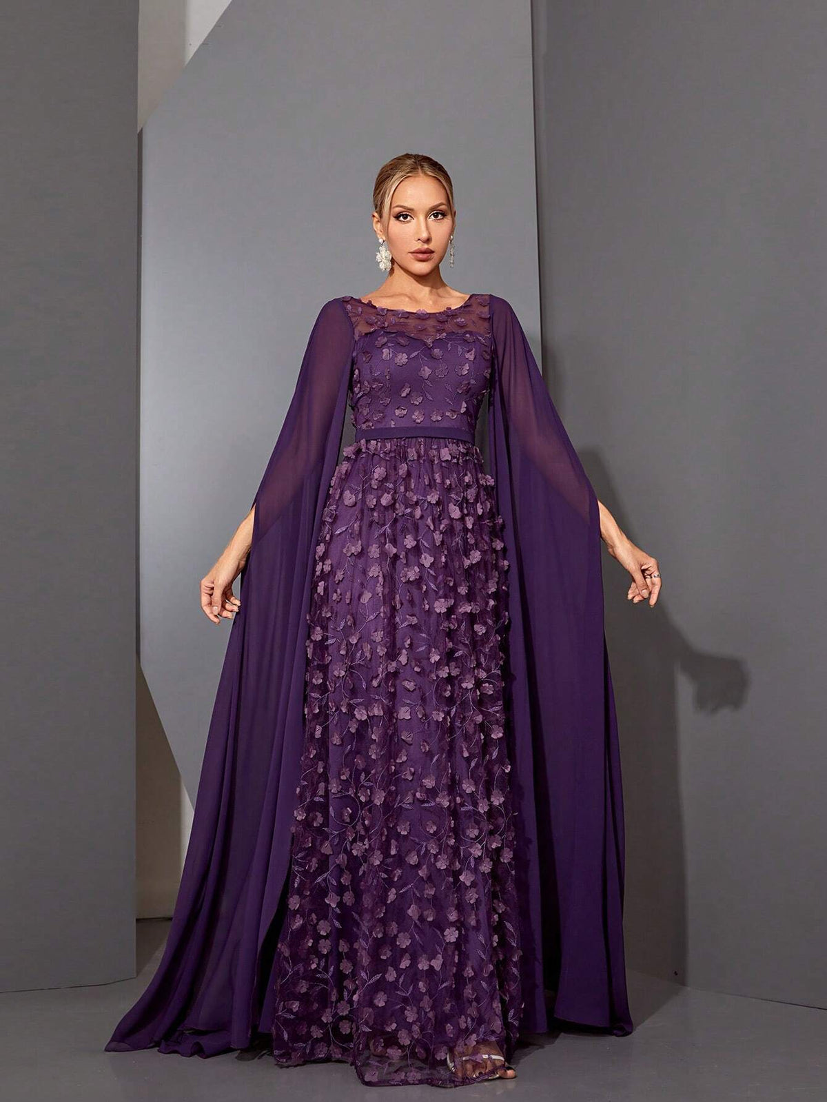 Mgiacy Round Neck See-Through 3D Embroidered Lace Cape With Chiffon Sleeves, High-End Evening Dress