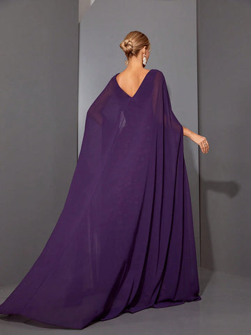 Mgiacy Round Neck See-Through 3D Embroidered Lace Cape With Chiffon Sleeves, High-End Evening Dress