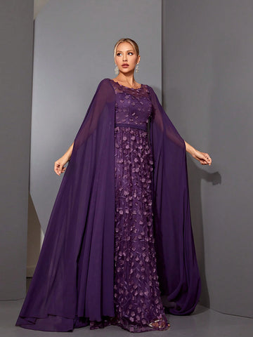 Mgiacy Round Neck See-Through 3D Embroidered Lace Cape With Chiffon Sleeves, High-End Evening Dress