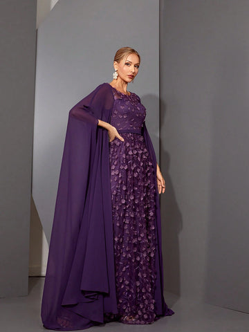 Mgiacy Round Neck See-Through 3D Embroidered Lace Cape With Chiffon Sleeves, High-End Evening Dress