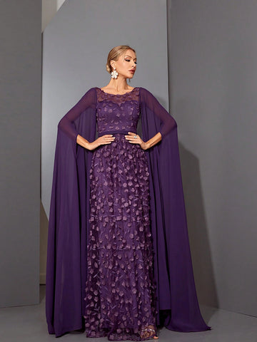 Mgiacy Round Neck See-Through 3D Embroidered Lace Cape With Chiffon Sleeves, High-End Evening Dress