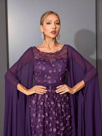 Mgiacy Round Neck See-Through 3D Embroidered Lace Cape With Chiffon Sleeves, High-End Evening Dress