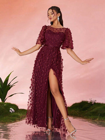 Mgiacy Round Neck See-Through Floral Sequined Lace Short Sleeve Front Split High-End Evening Dress