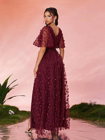 Mgiacy Round Neck See-Through Floral Sequined Lace Short Sleeve Front Split High-End Evening Dress