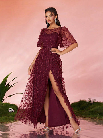 Mgiacy Round Neck See-Through Floral Sequined Lace Short Sleeve Front Split High-End Evening Dress