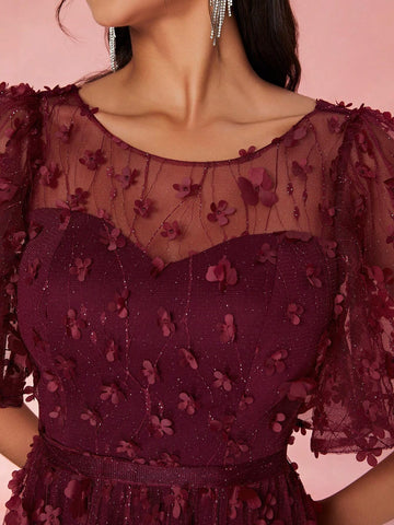 Mgiacy Round Neck See-Through Floral Sequined Lace Short Sleeve Front Split High-End Evening Dress