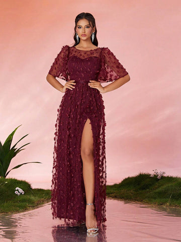 Mgiacy Round Neck See-Through Floral Sequined Lace Short Sleeve Front Split High-End Evening Dress