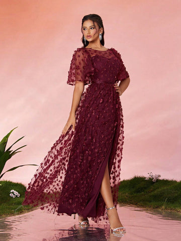 Mgiacy Round Neck See-Through Floral Sequined Lace Short Sleeve Front Split High-End Evening Dress