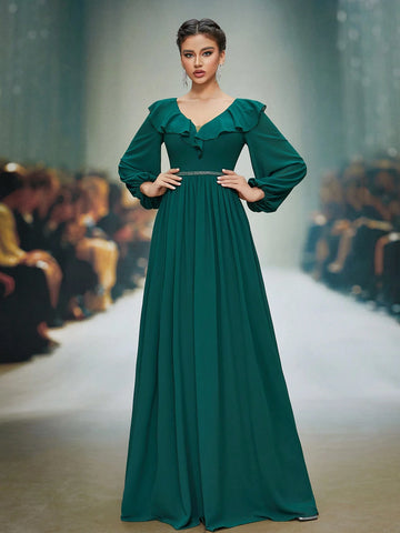 Mgiacy Ruffle V-Neck Pearl Chiffon Long Sleeve Waist Beaded Elegant Evening Dress