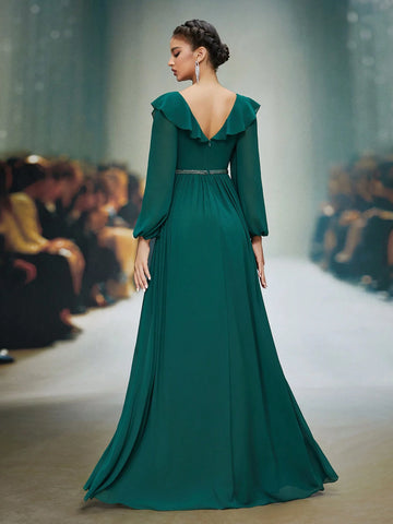 Mgiacy Ruffle V-Neck Pearl Chiffon Long Sleeve Waist Beaded Elegant Evening Dress