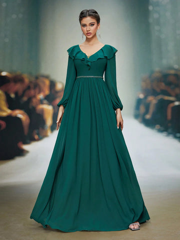 Mgiacy Ruffle V-Neck Pearl Chiffon Long Sleeve Waist Beaded Elegant Evening Dress