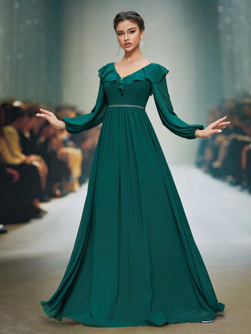 Mgiacy Ruffle V-Neck Pearl Chiffon Long Sleeve Waist Beaded Elegant Evening Dress