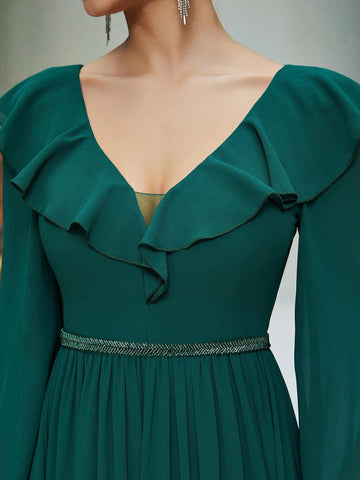 Mgiacy Ruffle V-Neck Pearl Chiffon Long Sleeve Waist Beaded Elegant Evening Dress