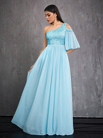 Mgiacy Sequin Tube Top, Asymmetric Asymmetrical Neck, Front Split, Pearl Chiffon High-End Evening Dress