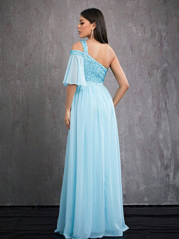 Mgiacy Sequin Tube Top, Asymmetric Asymmetrical Neck, Front Split, Pearl Chiffon High-End Evening Dress