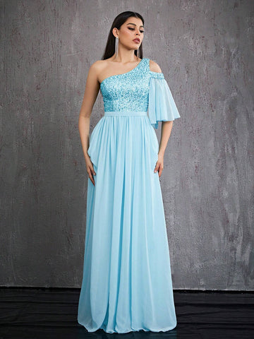 Mgiacy Sequin Tube Top, Asymmetric Asymmetrical Neck, Front Split, Pearl Chiffon High-End Evening Dress