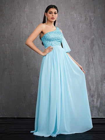 Mgiacy Sequin Tube Top, Asymmetric Asymmetrical Neck, Front Split, Pearl Chiffon High-End Evening Dress